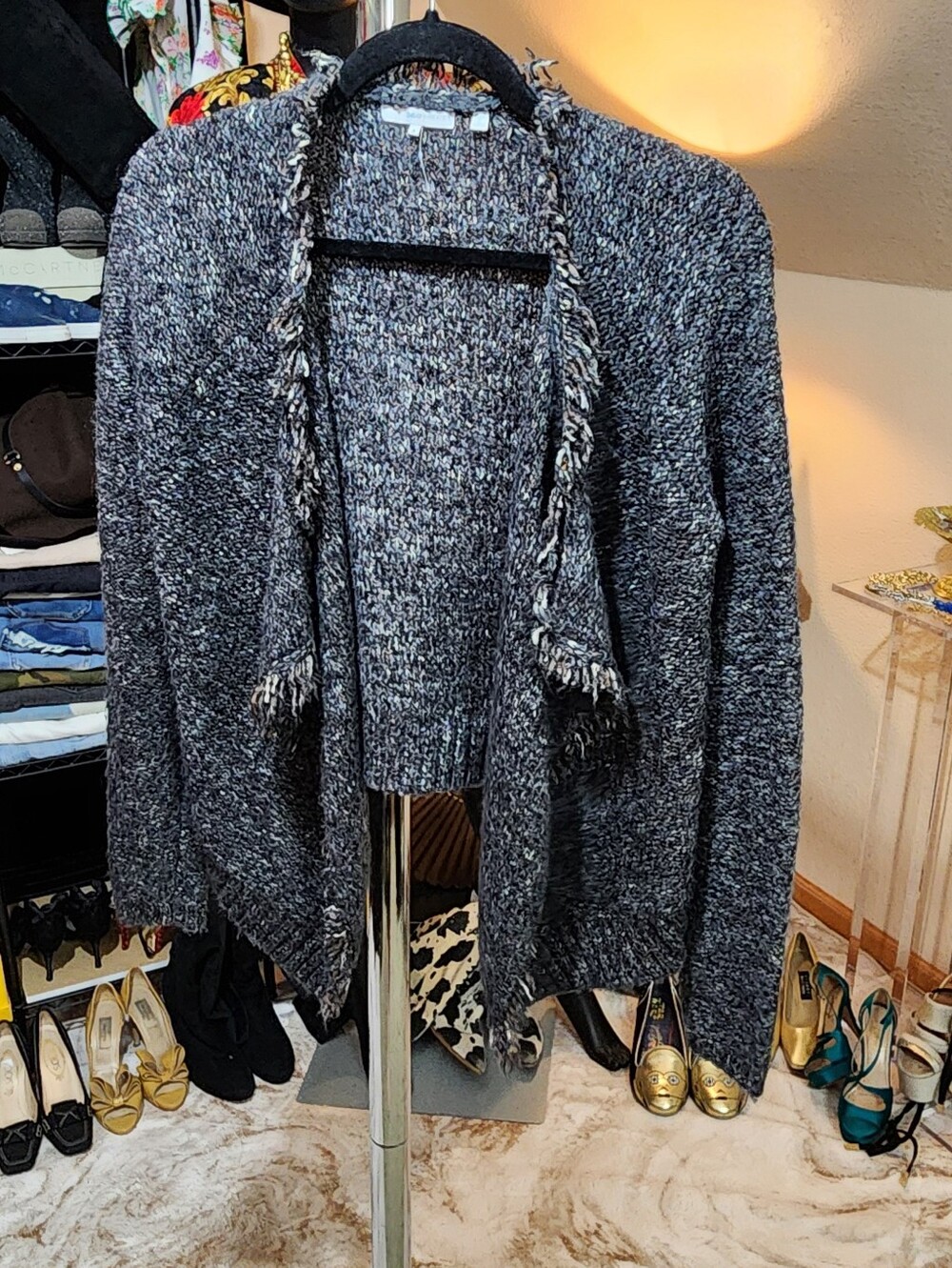 360 Sweater Marled Black Fringe Open-Front Cardigan - Picture 2 of 6